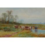 Henry Charles Fox, landscape with cattle watering, signed and dated 1906, watercolour, 15" x 21"