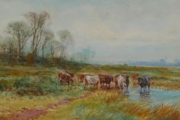 Henry Charles Fox, landscape with cattle watering, signed and dated 1906, watercolour, 15" x 21"
