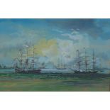 Tall ships at anchor off the coast, gouache, in earlier maple wood frame, 7" x 8½"