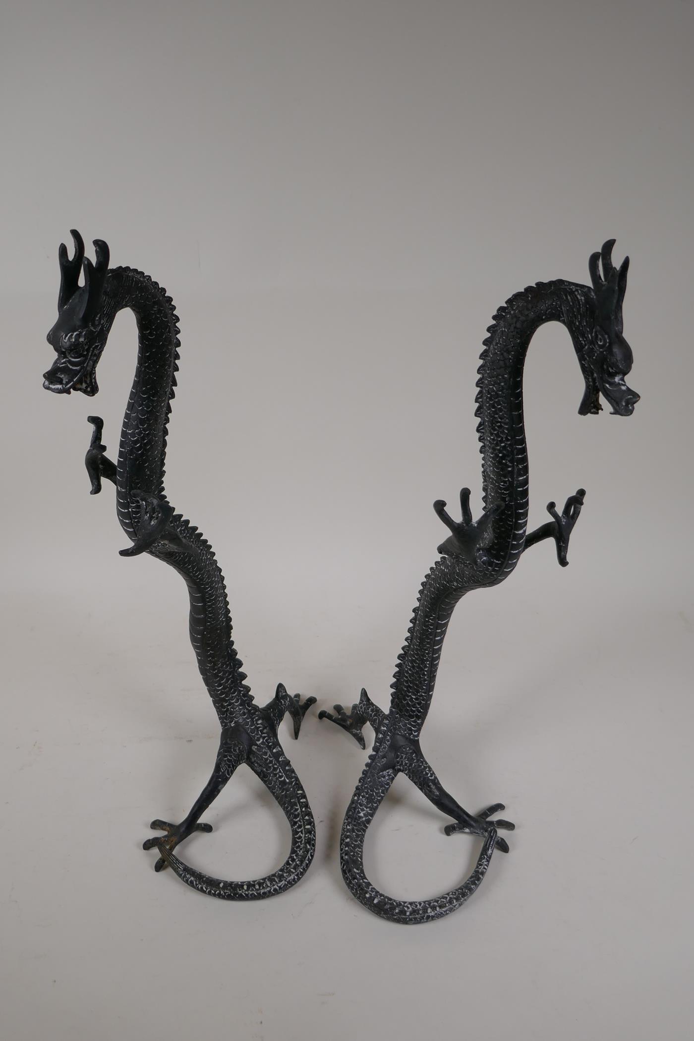 A pair of Chinese bronze figures of dragons, 16" high - Image 4 of 5