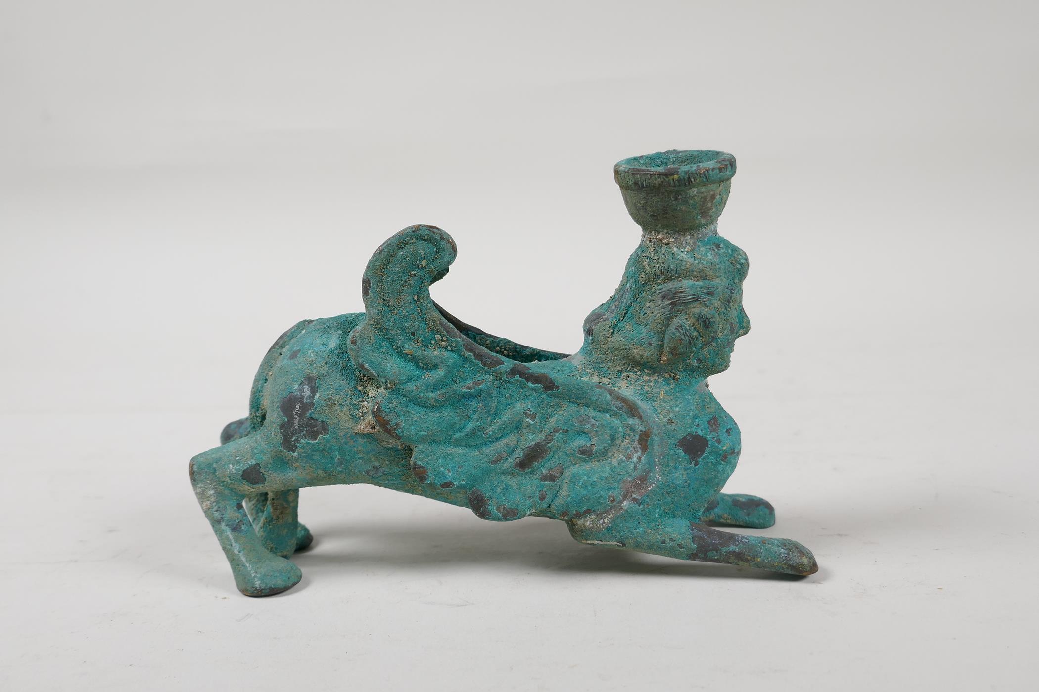 An antique bronze candlestick in the form of a Harpy, with verdigris patina, 5½" long - Image 2 of 5
