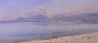 Guillaume, lake scene and town on the far shore, oil on canvas, signed, 40" x 17½"