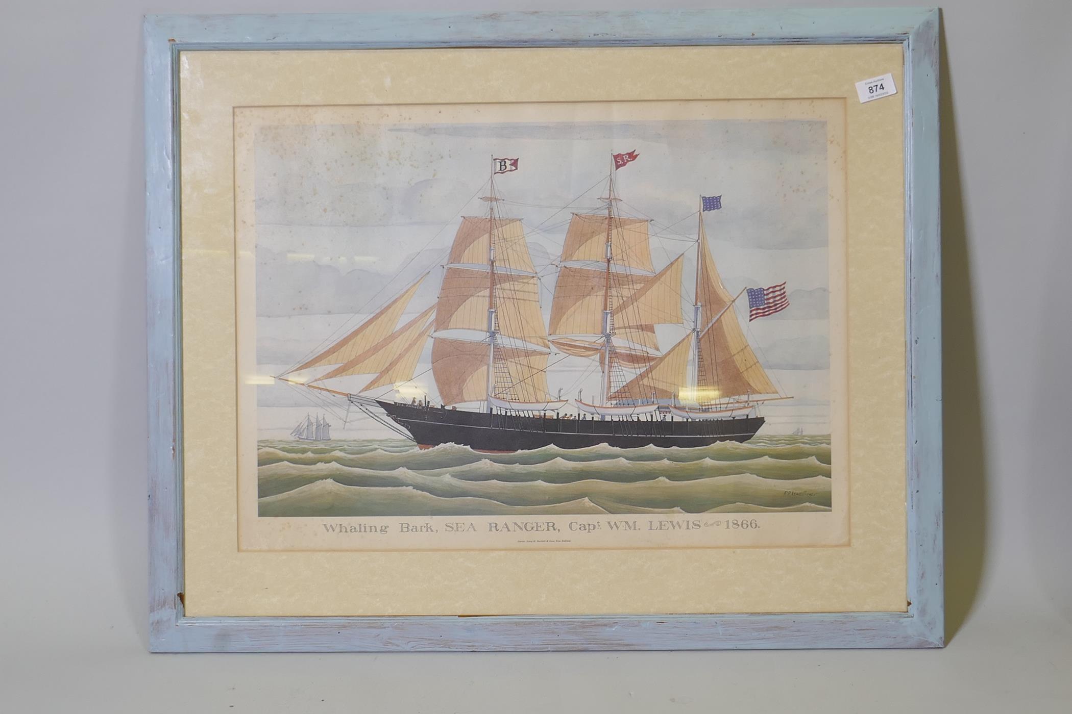 After R.R. Newell, Whaling Bark, Sea Ranger, Capt. W.M. Lewis, 1866, a vintage photo-litho print,