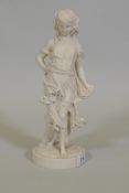 A C19th Parian ware figure of a young girl, possibly Worcester, AF chips to base, 11" high