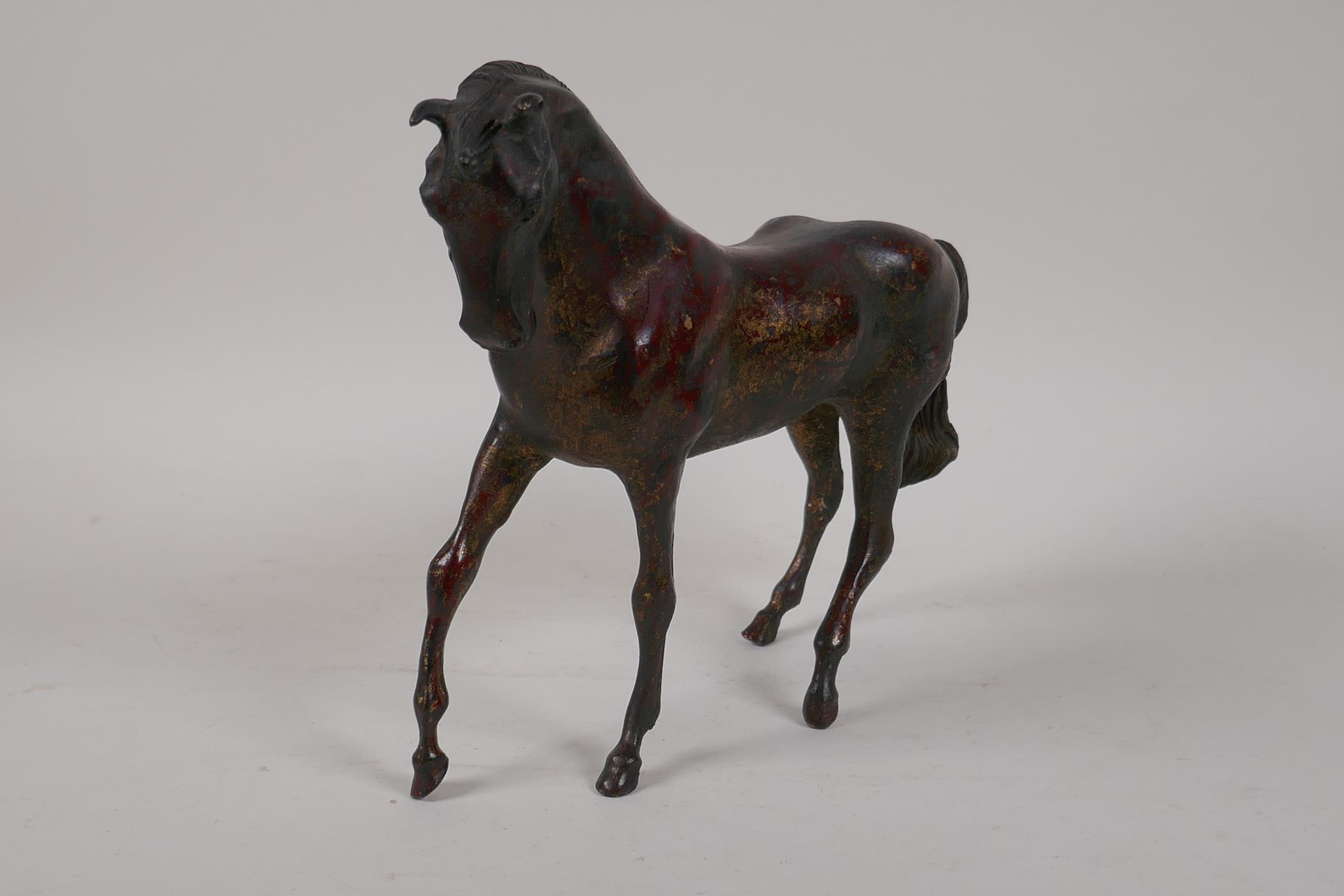 An oriental gilt bronze horse, 10" long, 8" high - Image 2 of 5