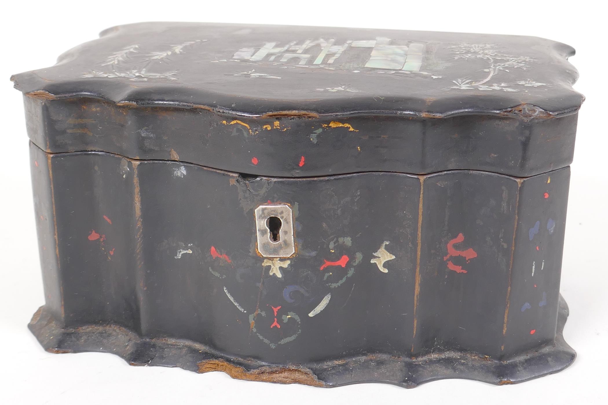 A Chinese mother of pearl inlaid papier mache two compartment tea caddy, AF, 7" x 4½" x 3½" - Image 4 of 7