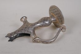 An Indo-Persian bidri style sword hilt, 7" long