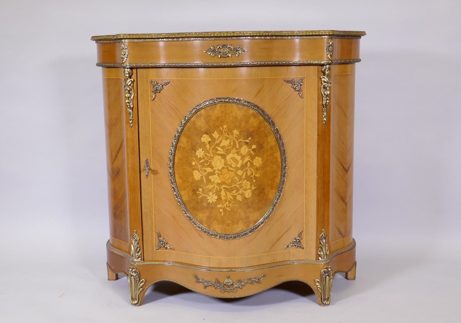 A French style tulipwood serpentine fronted cabinet with marquetry inlaid decoration and brass - Image 2 of 9