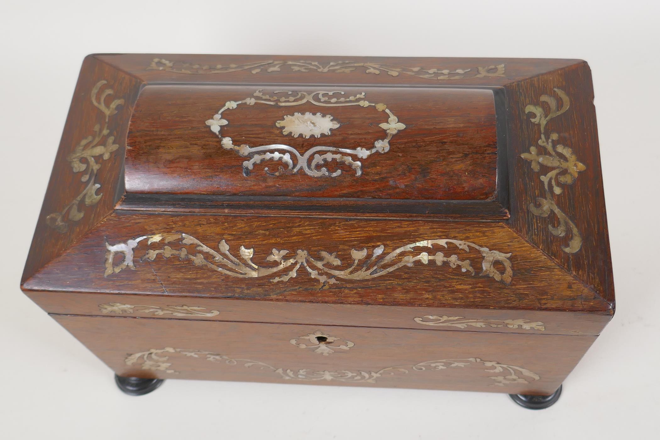 A C19th mother of pearl inlaid rosewood sarcophagus shaped tea caddy, no interior, 10" x 5½" x 6" - Image 3 of 6