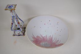 A studio pottery fruit bowl and an Art Nouveau style French porcelain candlesticks