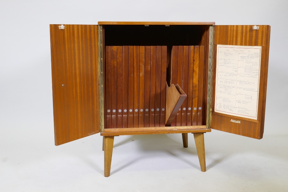 A mid century 'Arnold' sapele wood record cabinet, the interior fitted with drop down record holders - Image 2 of 4