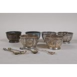 Six hallmarked silver salts, London 1866, Robert Hennell III and four matching spoons, 257g