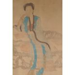 Vintage lithograph, Chinese woman seated at a table, early C20th, 11" x 18"