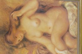 A gilt framed canvas art print of a female nude, 25" x 32"