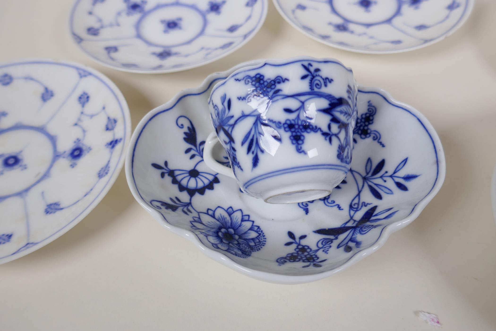 A Meissen onion pattern blue and white porcelain petal shaped cup and saucer, AF, an early - Image 4 of 9