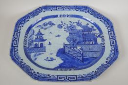 A C19th Chinese export ware meat platter decorated with a fence and vase pattern, AF, pinned, 20"