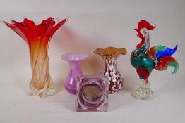 Five pieces of studio glass including a Murano cockerel, Alum Bay etc