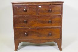 An early C19th figured mahogany chest of two + two drawers, raised on swept supports, 36" x 18" x