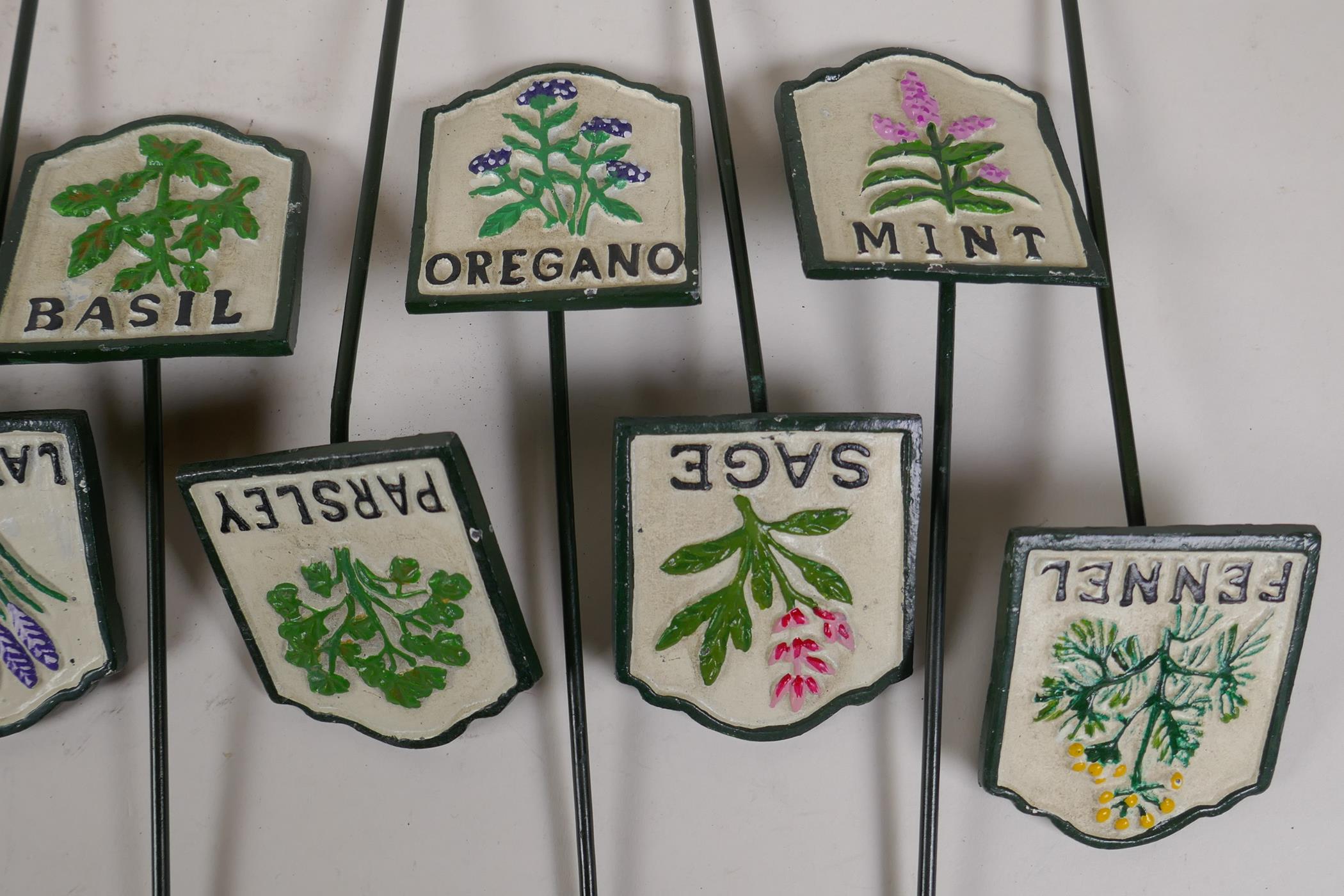 A set of twelve painted cast iron herb markers, 3" x 2½", stakes 8½" long - Image 2 of 3