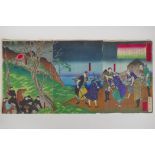 Unknown Japanese artist, Kagoshima newspaper - Fleeing Rebels, Meiji Ukiyo-e triptych woodblock