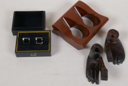 A pair of Dunhill chrome and onyx cuff links, a Dunhill carved and polished wood double pipe