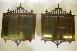 A pair of C19th mahogany Chinese Chippendale style hanging display cabinets, adapted, 39" x 9" x 41"