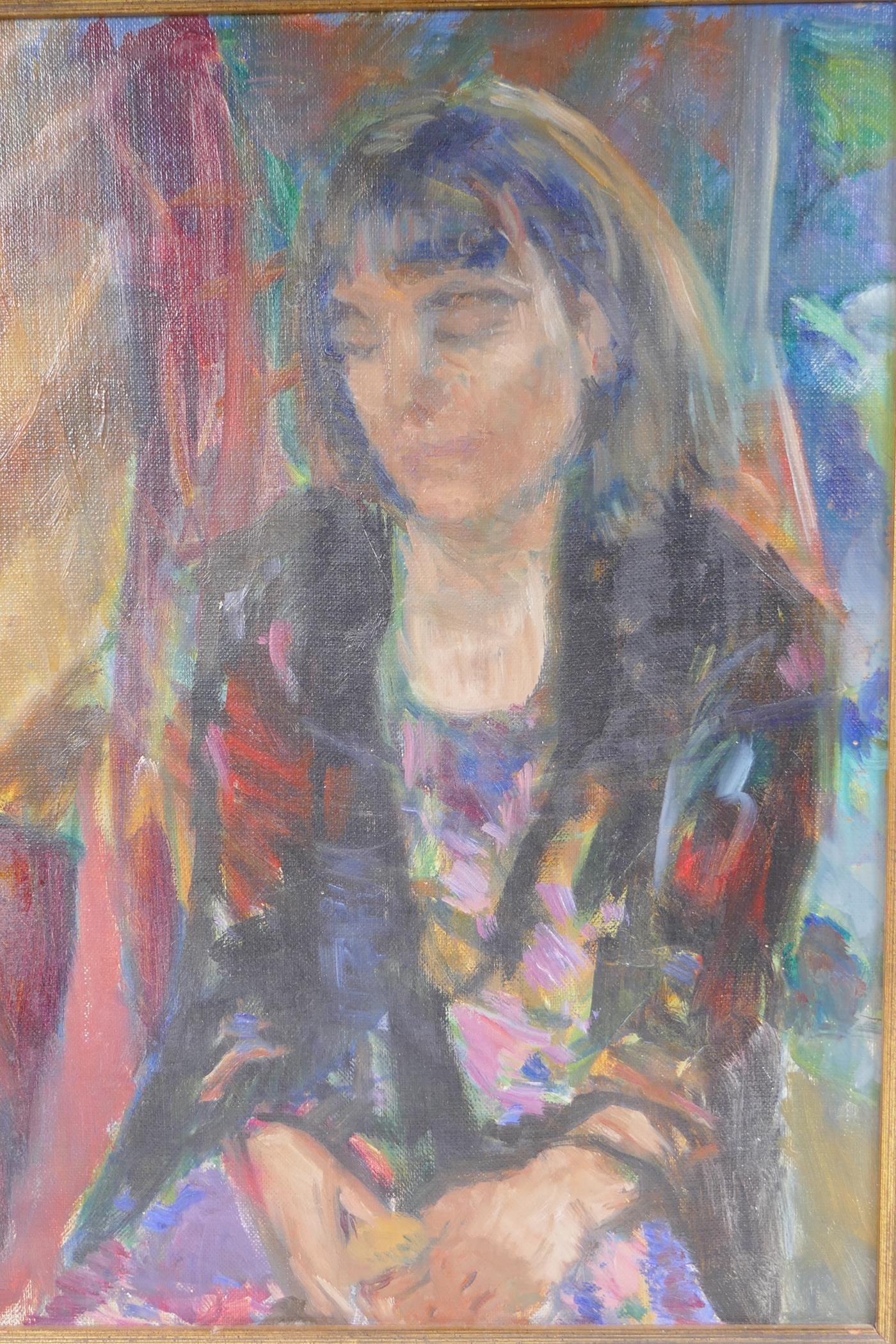 A portrait of a lady, attributed verso to Belly Heitland, oil on canvas board, 14" x 18" - Image 6 of 7