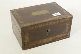 A C19th rosewood box with brass inlay, single drawer and inset brass handles, 10" x 7" x 5"