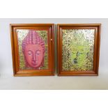 A pair of oils on cavas, Buddha's head, unsigned, 24" x 32"