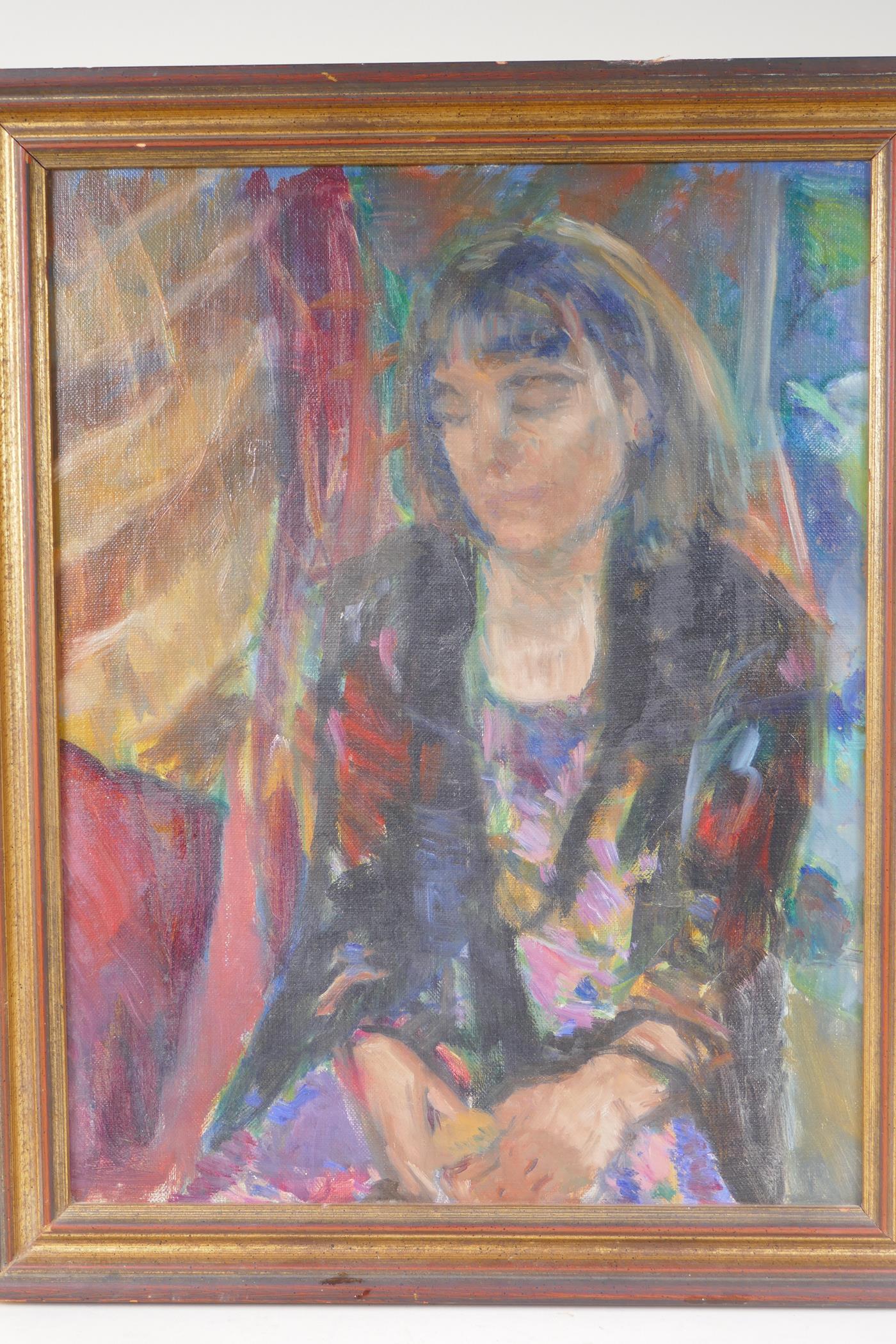 A portrait of a lady, attributed verso to Belly Heitland, oil on canvas board, 14" x 18" - Image 3 of 7