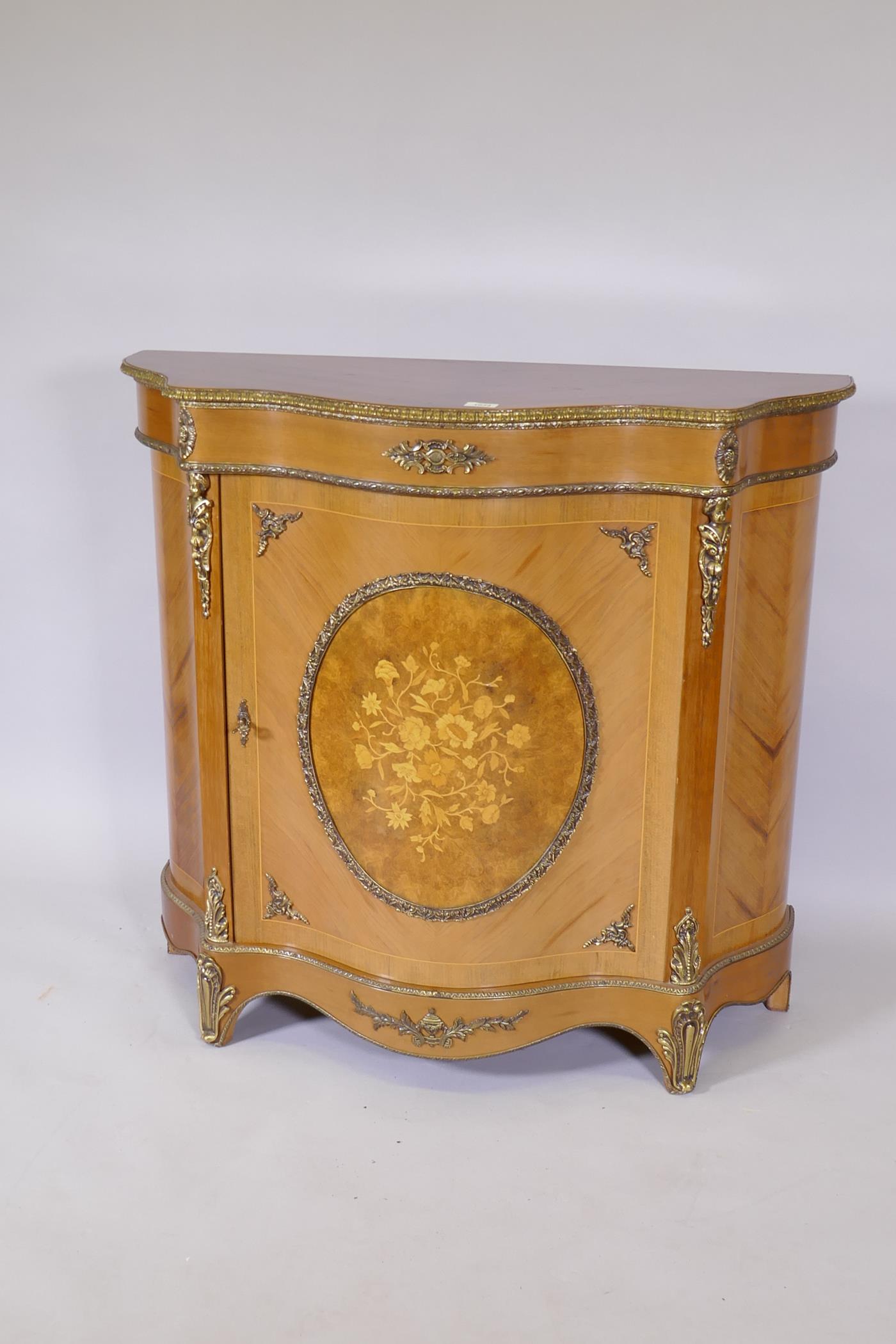 A French style tulipwood serpentine fronted cabinet with marquetry inlaid decoration and brass - Image 3 of 9