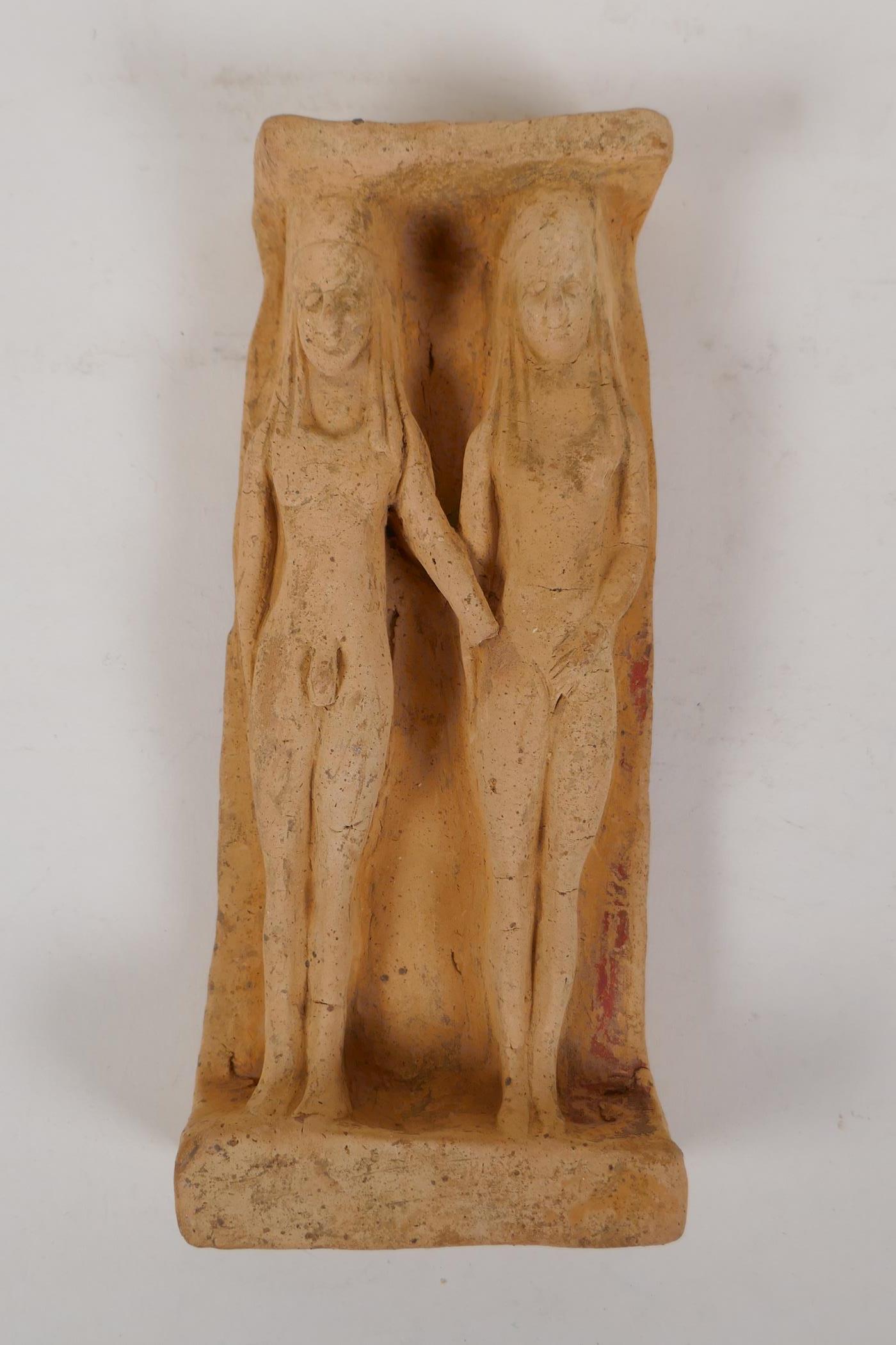 An antique Greek/Anatolian terracotta plaque depicting a man and woman, 3½" x 8" - Image 2 of 2