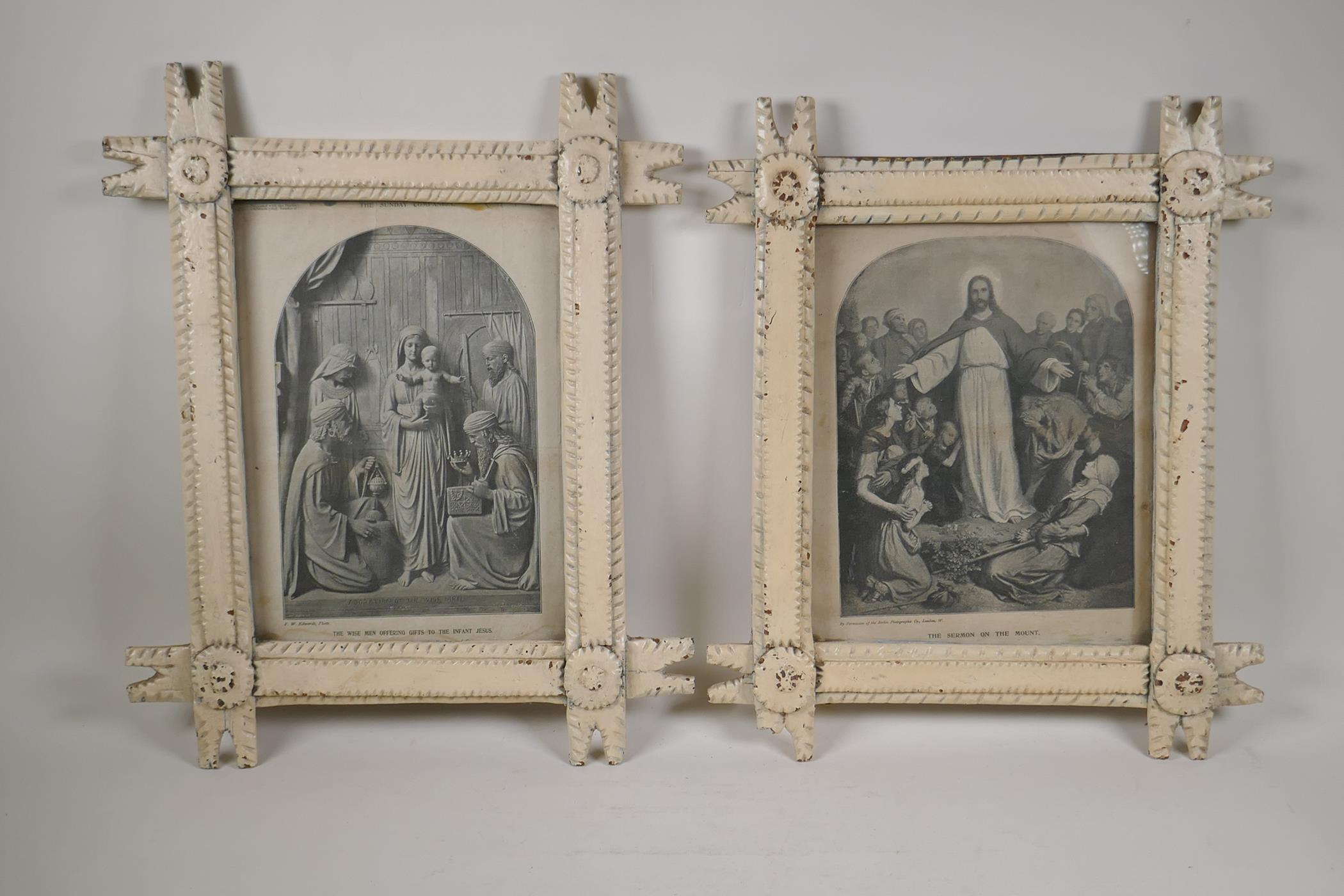 A pair of painted chip carved naive tramp art style picture frames, 11" x 13½" rebate