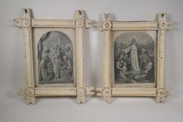 A pair of painted chip carved naive tramp art style picture frames, 11" x 13½" rebate