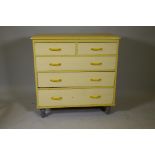 A Victorian painted pine chest of two over three drawers, raised on turned supports, 38" x 18" x 38"