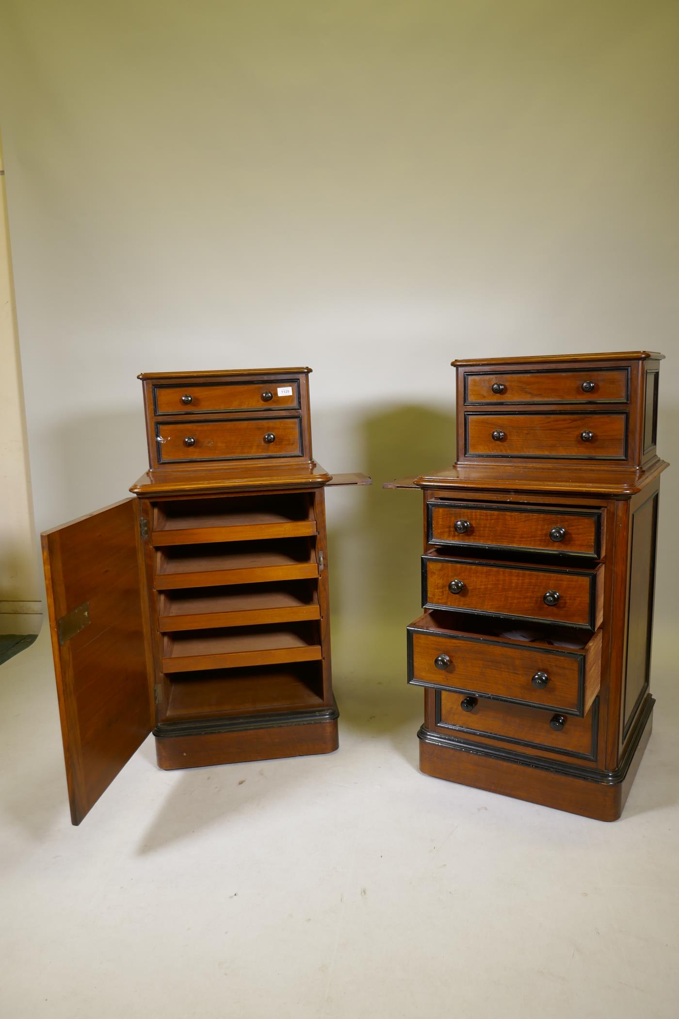 A pair of C19th walnut cabinets with ebony mouldings, one with six drawers, the other two drawers - Image 2 of 8