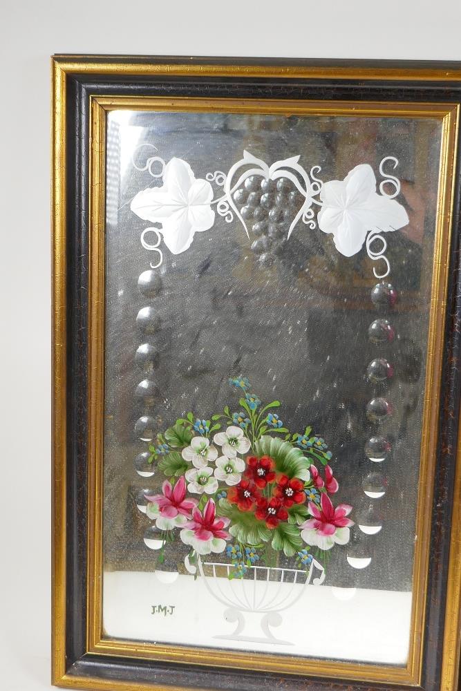 A pair of late C19th/early C20th bevelled glass mirrors with reverse painted and cut decoration, - Image 5 of 5
