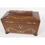 A C19th mother of pearl inlaid rosewood sarcophagus shaped tea caddy, no interior, 10" x 5½" x 6"