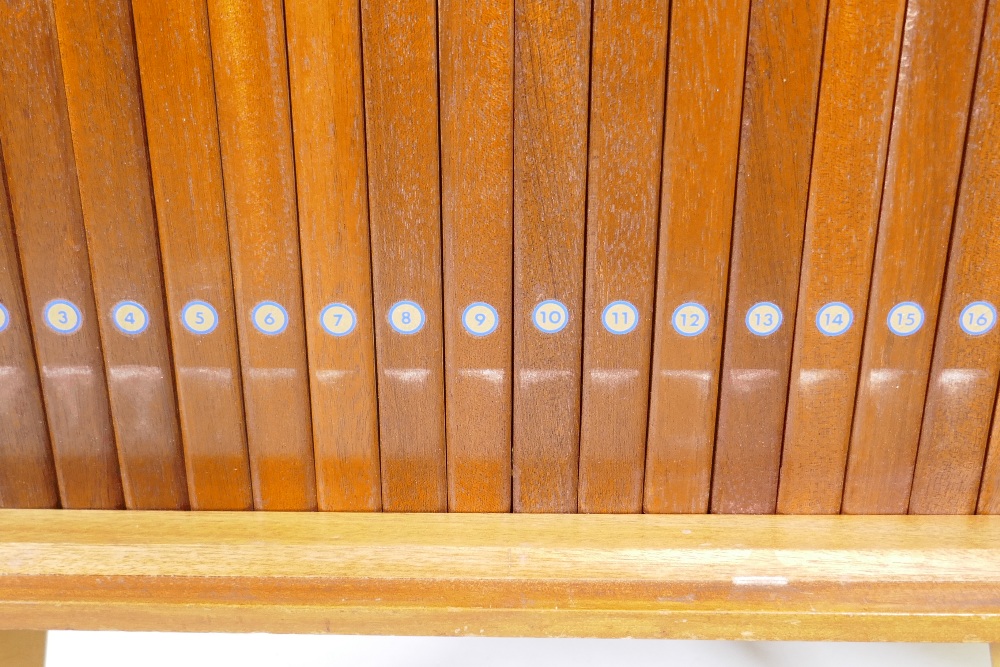 A mid century 'Arnold' sapele wood record cabinet, the interior fitted with drop down record holders - Image 4 of 4