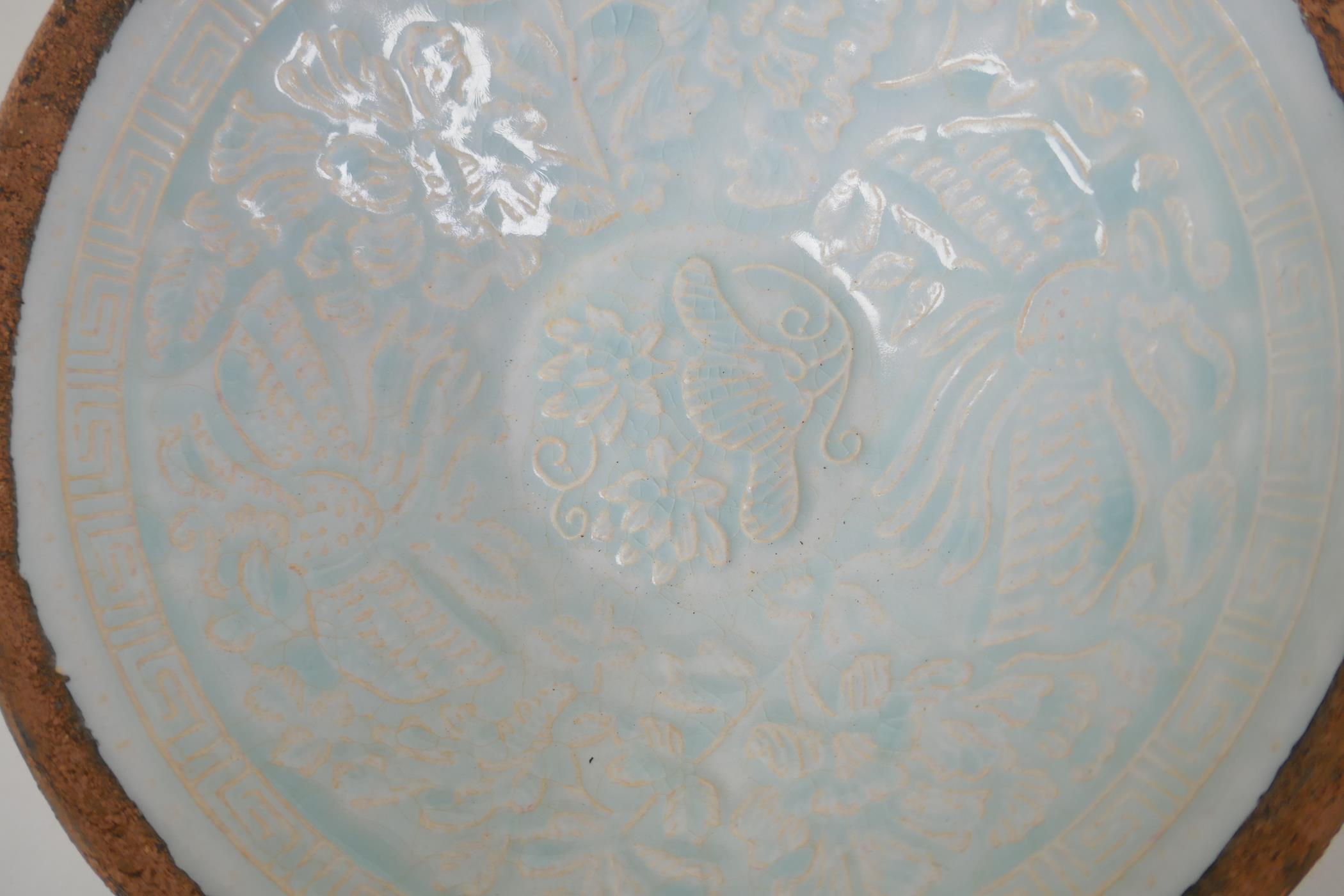 A Song style celadon glazed porcelain bowl with underglaze phoenix and lotus flower decoration, 7" - Image 6 of 7