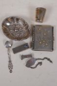 A small German Alpaca silver plate cigarette box, a small embossed silver plate trinket dish, an Art