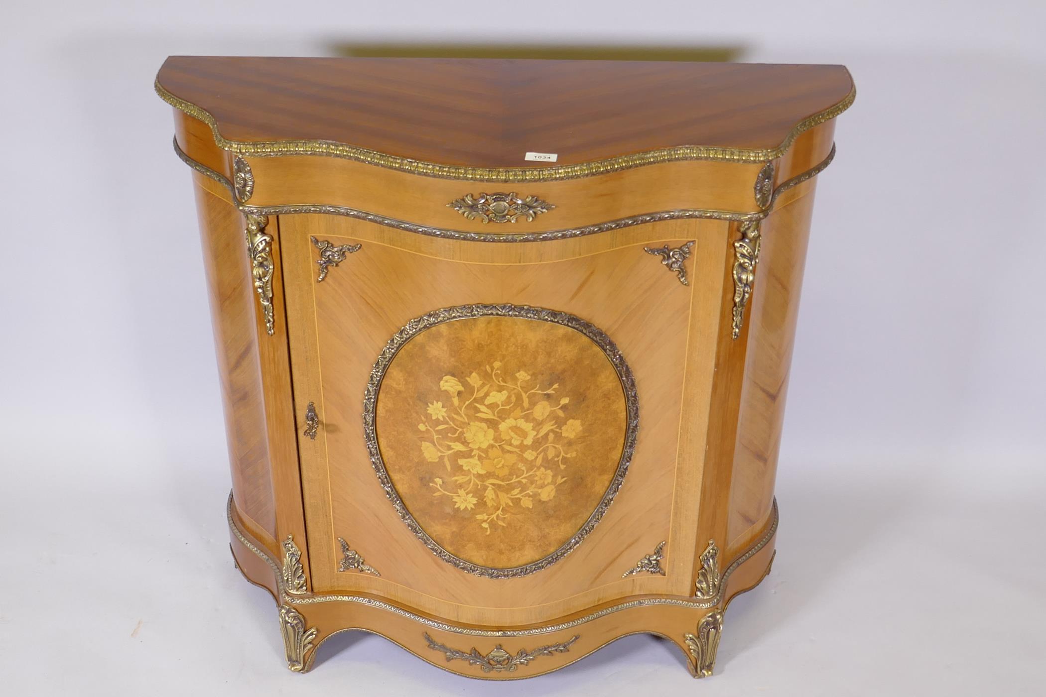 A French style tulipwood serpentine fronted cabinet with marquetry inlaid decoration and brass - Image 5 of 9
