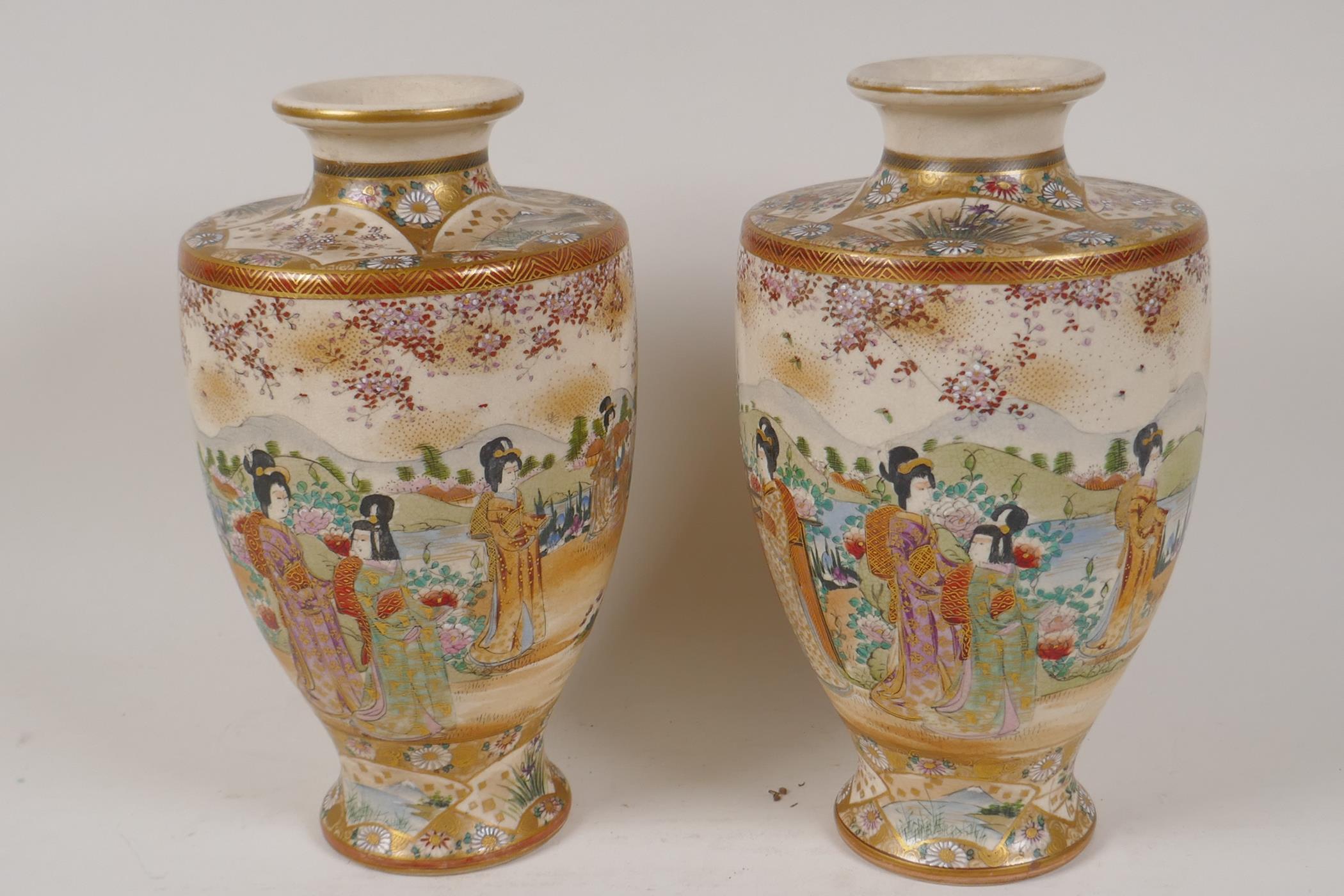 A pair of Meiji period Satsuma porcelain vases painted with figures in a continuous garden scene, - Image 3 of 9