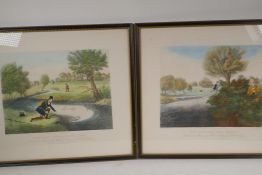 A pair of replica colour sporting prints by Pollard, 'Fly Fishing for Trout' and 'Live Bait