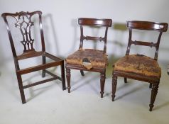A pair of C19th mahogany bar back chairs and a Chippendale style chair, lacks seat