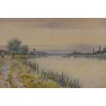 Robert Winter, river landscape with figures and boat, 'Ely Fen, morning', signed, watercolour, 12" x