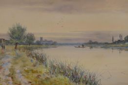 Robert Winter, river landscape with figures and boat, 'Ely Fen, morning', signed, watercolour, 12" x