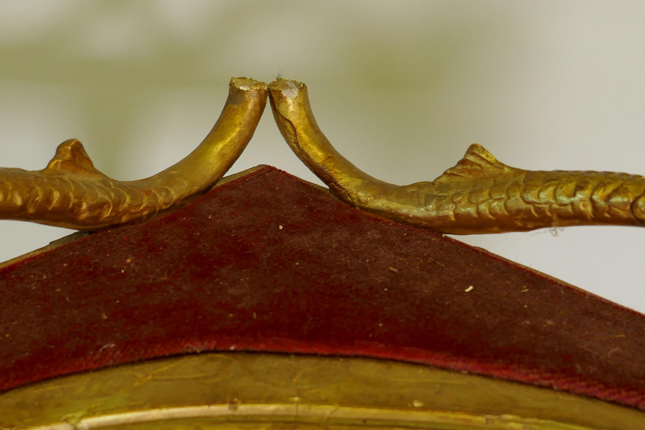 A C19th Italian giltwood corner cabinet, the top with an open shelf supported by dolphins, the - Image 6 of 11