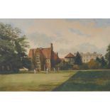 H.P. Barnard, colour engraving, cricket practice at the nets in a college grounds, signed, with