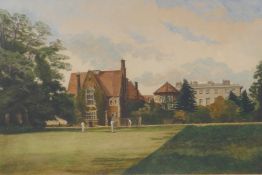 H.P. Barnard, colour engraving, cricket practice at the nets in a college grounds, signed, with